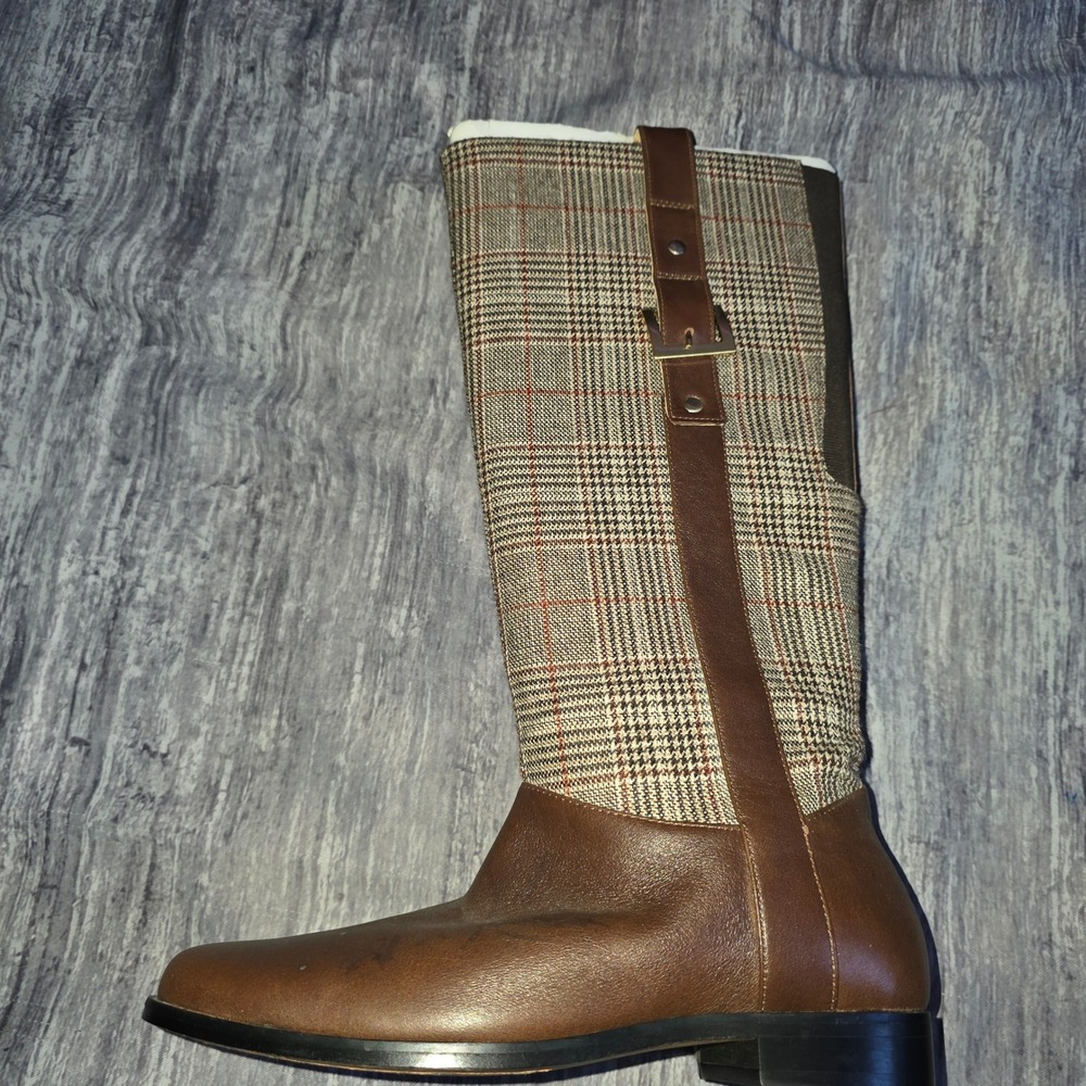 Lands' End Brown Leather Plaid Riding Boots Tall Knee High Buckle Zip Womens 6B